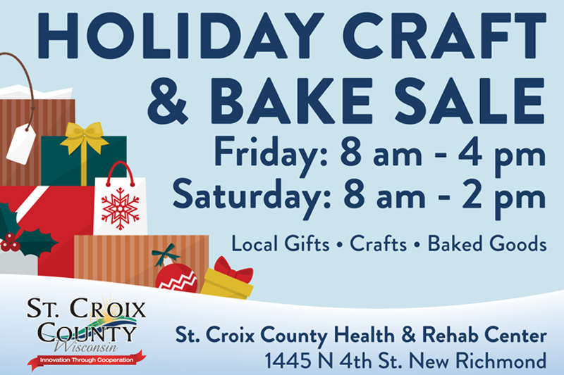 A winter landscape with presents and information about the craft & bake sale November 21 - 22.