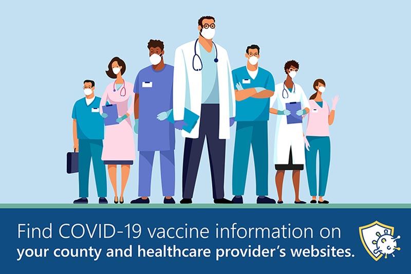 A group of doctors with text: find covid-19 vaccine info on county and healthcare provider websites