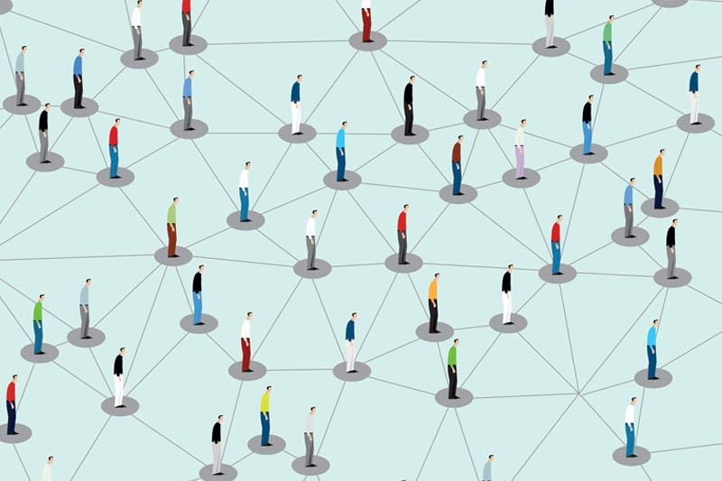 Illustration of people connected by lines. 