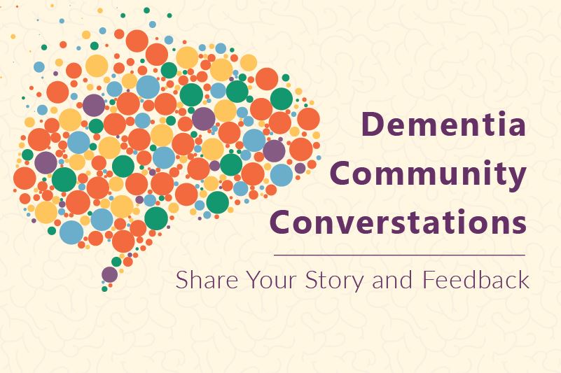 Illustration of a brain with text: Dementia Community Conversations - Share Your Story and Feedback
