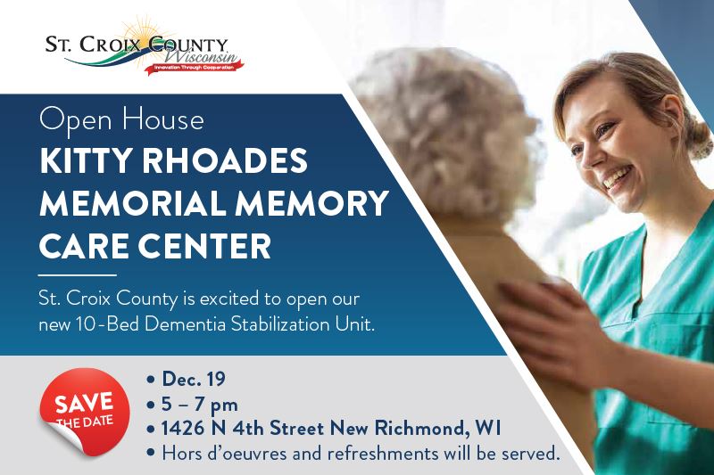 Photo of a nurse with a patient and text inviting readers to an open house.