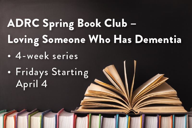 Photo of books with the text ADRC Spring Book Club