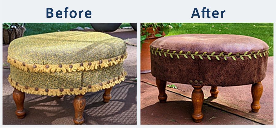 Before and after photos of a re-upholstered footstool.