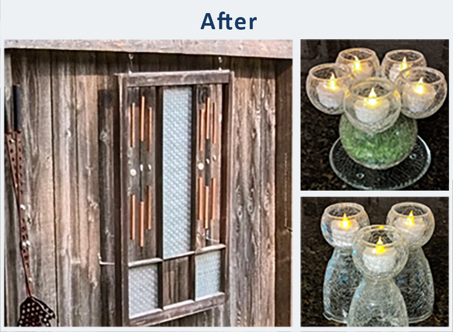 After photos of solar lights and stakes transformed into wind chimes, candle holders, and vases.